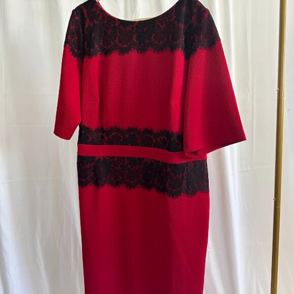 Danny and Nicole Women's Plus 24W Red Dress with Lace Overlay at Neck and Waist - Picture 8 of 8